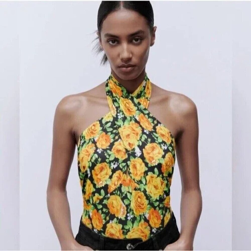 NWT Zara Twist Halter Neck Yellow Floral Bodysuit